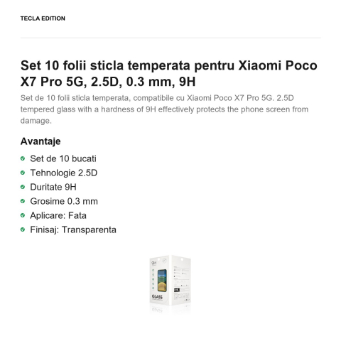 Set 10 folii sticla temperata pentru Xiaomi Poco X7 Pro 5G, 2.5D, 0.3 mm, 9H [1]