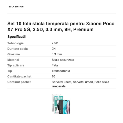 Set 10 folii sticla temperata pentru Xiaomi Poco X7 Pro 5G, 2.5D, 0.3 mm, 9H, Premium [2]
