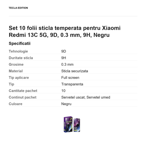 Set 10 folii sticla temperata pentru Xiaomi Redmi 13C 5G, 9D, 0.3 mm, 9H, Negru [2]