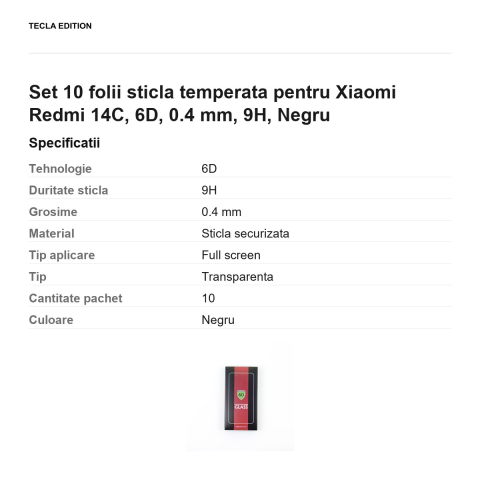 Set 10 folii sticla temperata pentru Xiaomi Redmi 14C, 6D, 0.4 mm, 9H, Negru [2]