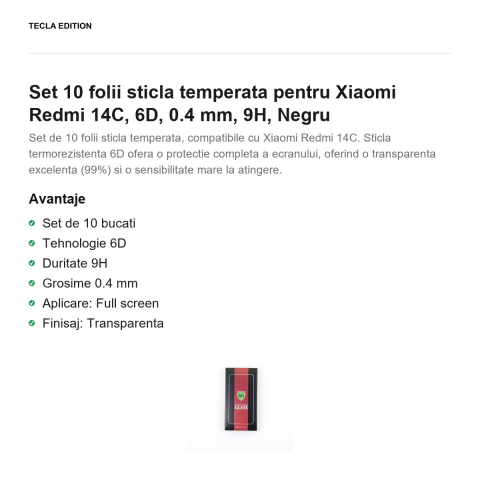 Set 10 folii sticla temperata pentru Xiaomi Redmi 14C, 6D, 0.4 mm, 9H, Negru [1]
