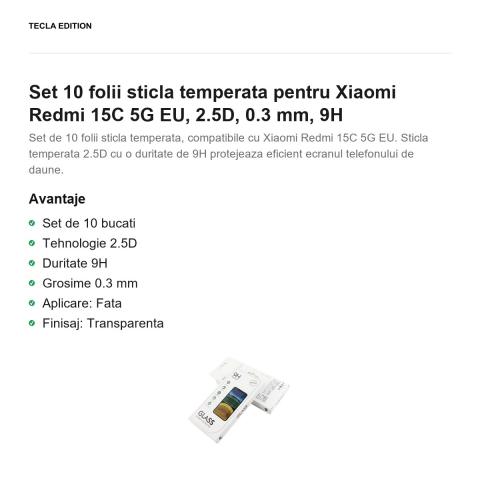 Set 10 folii sticla temperata pentru Xiaomi Redmi 15C 5G EU, 2.5D, 0.3 mm, 9H [1]