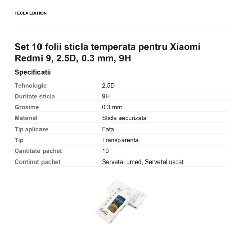Set 10 folii sticla temperata pentru Xiaomi Redmi 9, 2.5D, 0.3 mm, 9H [2]