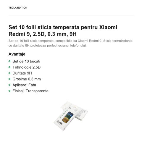 Set 10 folii sticla temperata pentru Xiaomi Redmi 9, 2.5D, 0.3 mm, 9H [1]