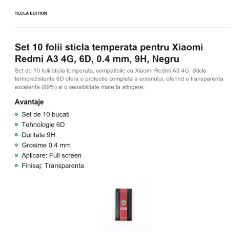 Set 10 folii sticla temperata pentru Xiaomi Redmi A3 4G, 6D, 0.4 mm, 9H, Negru [1]