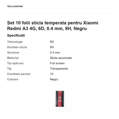 Set 10 folii sticla temperata pentru Xiaomi Redmi A3 4G, 6D, 0.4 mm, 9H, Negru [2]