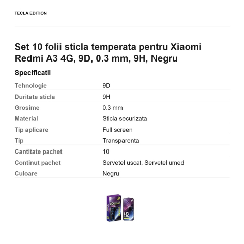 Set 10 folii sticla temperata pentru Xiaomi Redmi A3 4G, 9D, 0.3 mm, 9H, Negru [2]