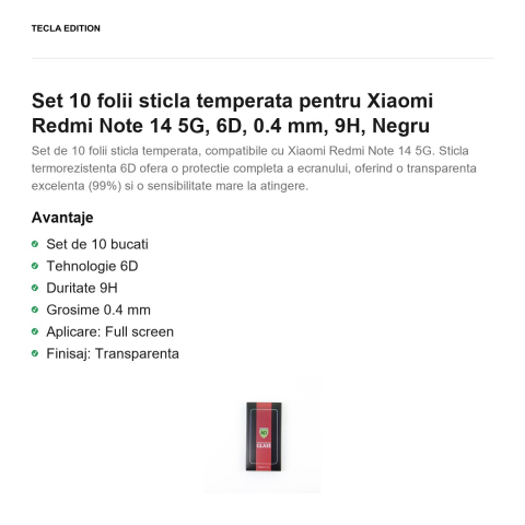 Set 10 folii sticla temperata pentru Xiaomi Redmi Note 14 5G, 6D, 0.4 mm, 9H, Negru [1]