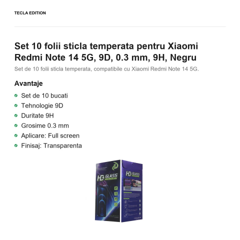 Set 10 folii sticla temperata pentru Xiaomi Redmi Note 14 5G, 9D, 0.3 mm, 9H, Negru [1]