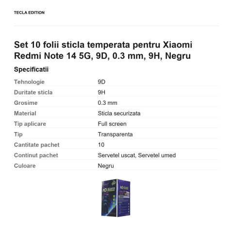 Set 10 folii sticla temperata pentru Xiaomi Redmi Note 14 5G, 9D, 0.3 mm, 9H, Negru [2]