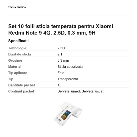 Set 10 folii sticla temperata pentru Xiaomi Redmi Note 9 4G, 2.5D, 0.3 mm, 9H [2]