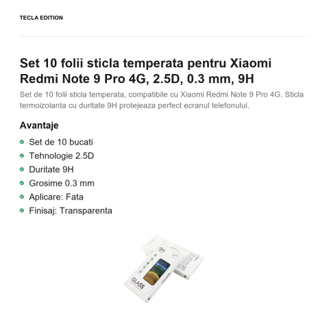Set 10 folii sticla temperata pentru Xiaomi Redmi Note 9 Pro 4G, 2.5D, 0.3 mm, 9H [1]