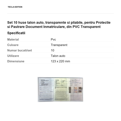 Set 10 huse talon auto, transparente si pliabile, pentru Protectie si Pastrare Document Inmatriculare, din PVC Transparent [2]