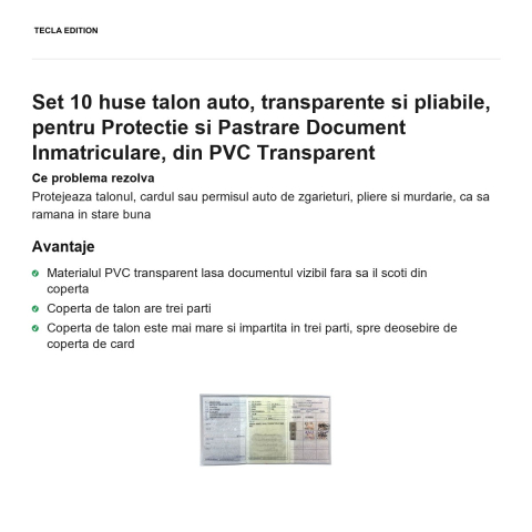 Set 10 huse talon auto, transparente si pliabile, pentru Protectie si Pastrare Document Inmatriculare, din PVC Transparent [1]