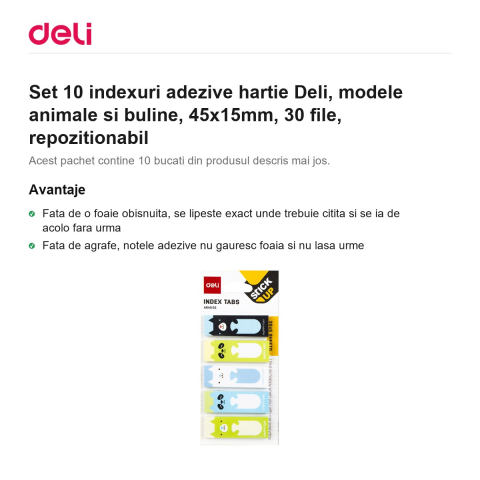 Set 10 indexuri adezive hartie Deli, modele animale si buline, 45x15mm, 30 file, repozitionabil [1]