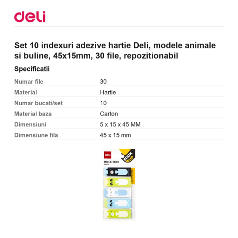 Set 10 indexuri adezive hartie Deli, modele animale si buline, 45x15mm, 30 file, repozitionabil [2]