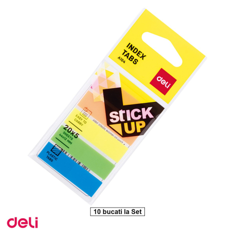 Cuburi hartie si note adezive - Set 10 indexuri adezive plastic Deli, 5 culori, 12x44mm, pentru organizare documente si dosare