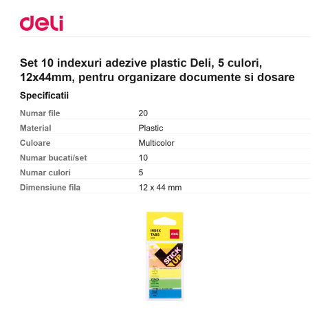 Set 10 indexuri adezive plastic Deli, 5 culori, 12x44mm, pentru organizare documente si dosare [2]