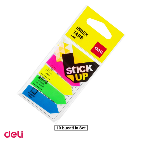 Cuburi hartie si note adezive - Set 10 indexuri adezive plastic sageata Deli, 5 culori, 12x43mm, pentru organizare documente si dosare