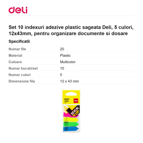 Set 10 indexuri adezive plastic sageata Deli, 5 culori, 12x43mm, pentru organizare documente si dosare [2]