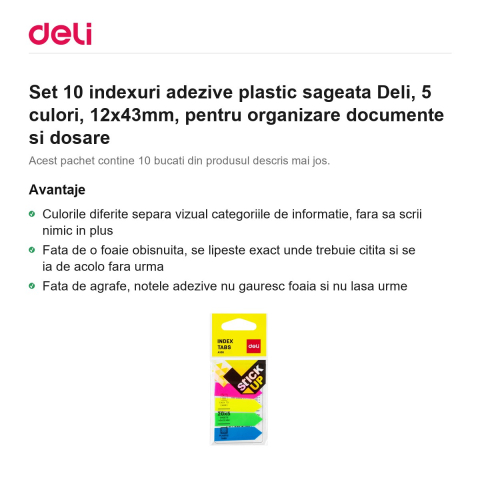Set 10 indexuri adezive plastic sageata Deli, 5 culori, 12x43mm, pentru organizare documente si dosare [1]