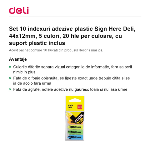 Set 10 indexuri adezive plastic Sign Here Deli, 44x12mm, 5 culori, 20 file per culoare, cu suport plastic inclus [1]