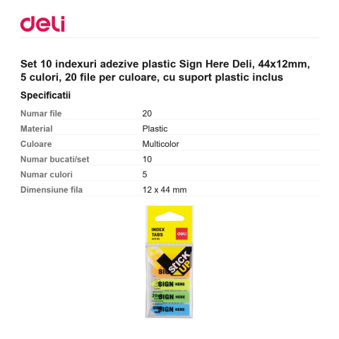 Set 10 indexuri adezive plastic Sign Here Deli, 44x12mm, 5 culori, 20 file per culoare, cu suport plastic inclus [2]