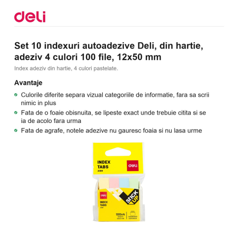 Set 10 indexuri autoadezive Deli, din hartie, adeziv 4 culori 100 file, 12x50 mm [1]