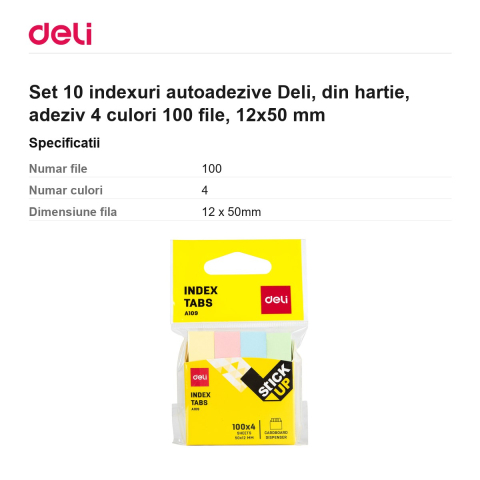 Set 10 indexuri autoadezive Deli, din hartie, adeziv 4 culori 100 file, 12x50 mm [2]