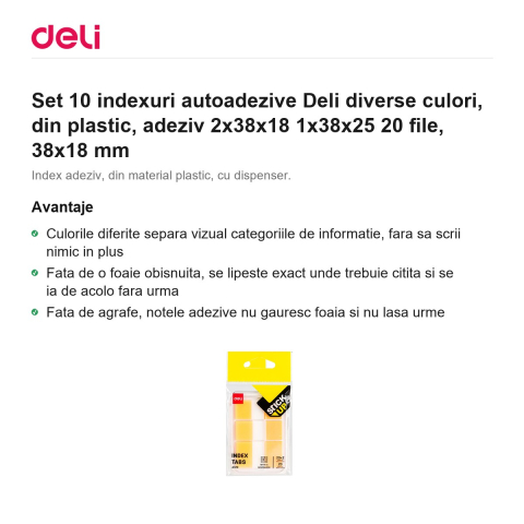 Set 10 indexuri autoadezive Deli diverse culori, din plastic, adeziv 2x38x18 1x38x25 20 file, 38x18 mm [1]