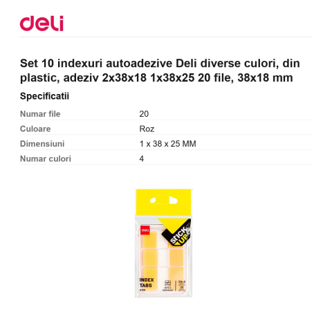 Set 10 indexuri autoadezive Deli diverse culori, din plastic, adeziv 2x38x18 1x38x25 20 file, 38x18 mm [2]