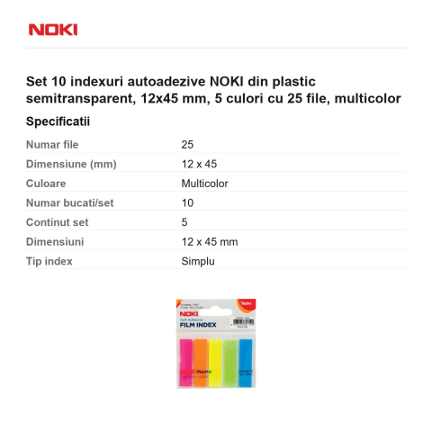 Set 10 indexuri autoadezive NOKI din plastic semitransparent, 12x45 mm, 5 culori cu 25 file, multicolor [2]