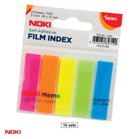 Birotica papetarie - Set 10 indexuri autoadezive NOKI din plastic semitransparent, 12x45 mm, 5 culori cu 25 file, multicolor