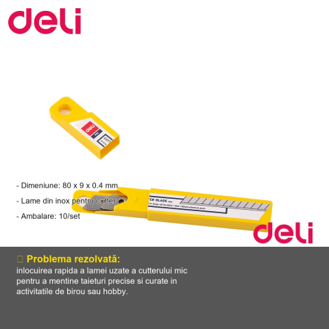 Set 10 lame cutter mici Deli, inox, 80x9x0.4 mm, pentru cuttere de birou si hobby [1]