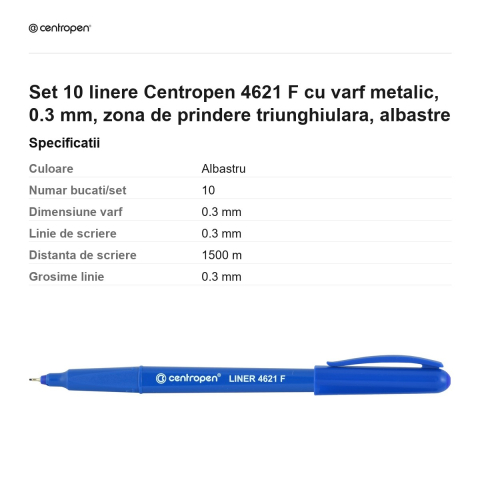 Set 10 linere Centropen 4621 F cu varf metalic, 0.3 mm, zona de prindere triunghiulara, albastre [2]