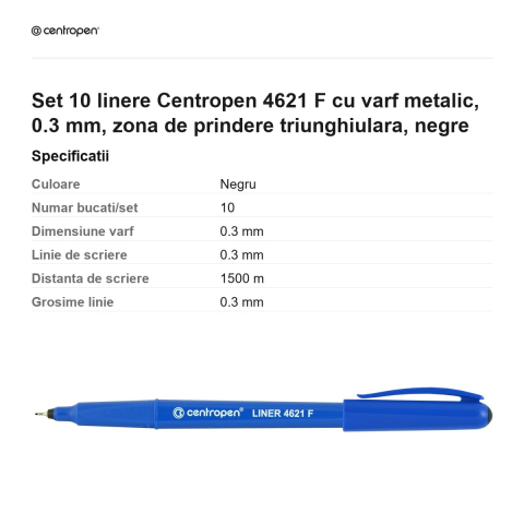 Set 10 linere Centropen 4621 F cu varf metalic, 0.3 mm, zona de prindere triunghiulara, negre [2]