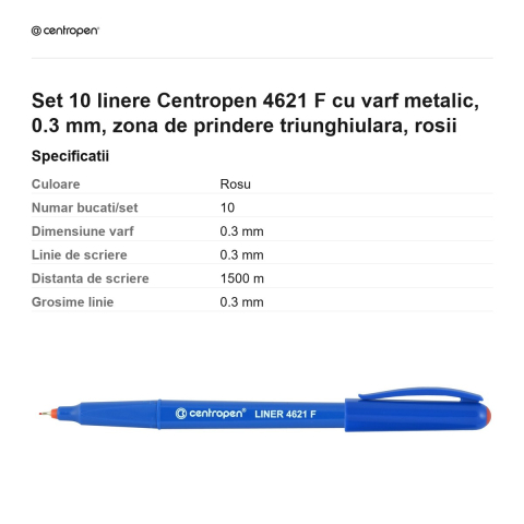 Set 10 linere Centropen 4621 F cu varf metalic, 0.3 mm, zona de prindere triunghiulara, rosii [2]