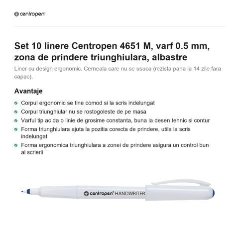 Set 10 linere Centropen 4651 M, varf 0.5 mm, zona de prindere triunghiulara, albastre [1]