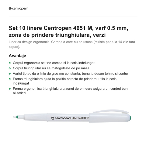 Set 10 linere Centropen 4651 M, varf 0.5 mm, zona de prindere triunghiulara, verzi [1]