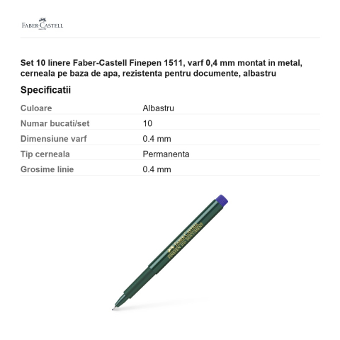 Set 10 linere Faber-Castell Finepen 1511, varf 0,4 mm montat in metal, cerneala pe baza de apa, rezistenta pentru documente, albastru [2]