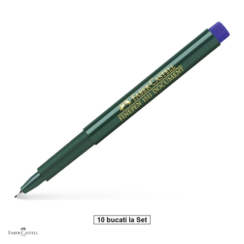 Instrumente de scris - Set 10 linere Faber-Castell Finepen 1511, varf 0,4 mm montat in metal, cerneala pe baza de apa, rezistenta pentru documente, albastru