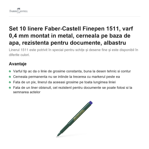 Set 10 linere Faber-Castell Finepen 1511, varf 0,4 mm montat in metal, cerneala pe baza de apa, rezistenta pentru documente, albastru [1]