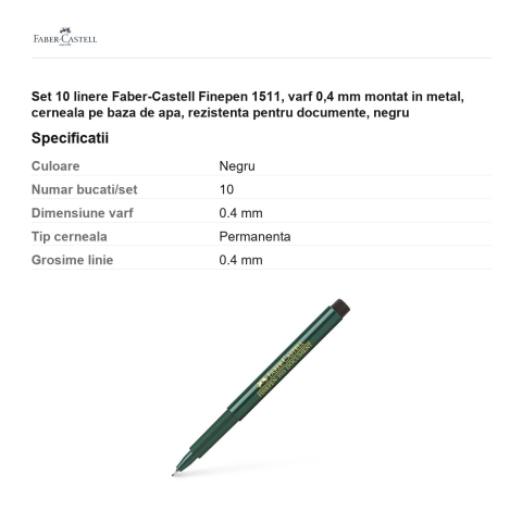 Set 10 linere Faber-Castell Finepen 1511, varf 0,4 mm montat in metal, cerneala pe baza de apa, rezistenta pentru documente, negru [2]