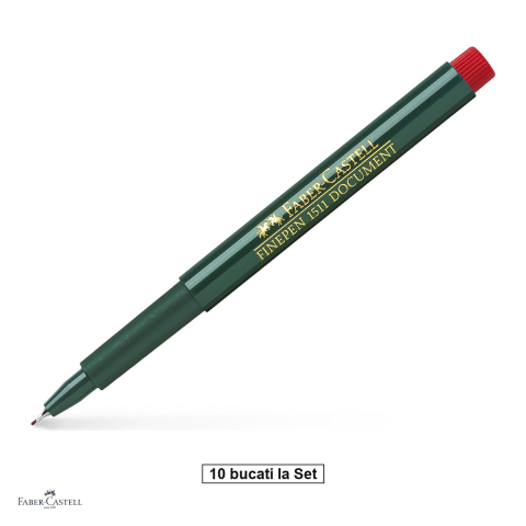 Instrumente de scris - Set 10 linere Faber-Castell Finepen 1511, varf 0,4 mm montat in metal, cerneala pe baza de apa, rezistenta pentru documente, rosu