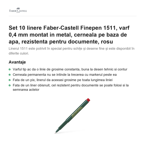 Set 10 linere Faber-Castell Finepen 1511, varf 0,4 mm montat in metal, cerneala pe baza de apa, rezistenta pentru documente, rosu [1]
