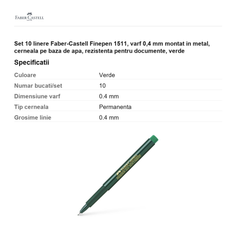 Set 10 linere Faber-Castell Finepen 1511, varf 0,4 mm montat in metal, cerneala pe baza de apa, rezistenta pentru documente, verde [2]