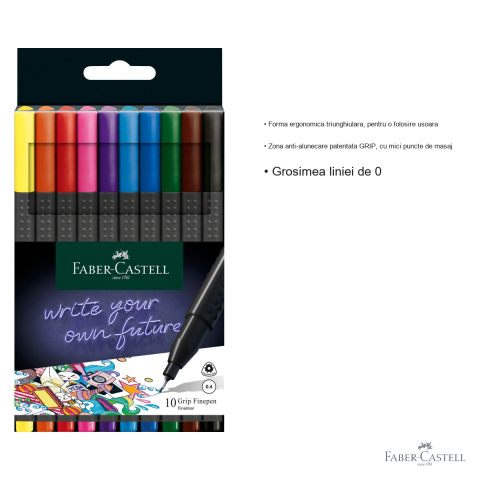 Set 10 linere Faber-Castell Grip 0.4 mm, forma ergonomica triunghiulara, cerneala lavabila, pentru desen tehnic si scriere de precizie [2]