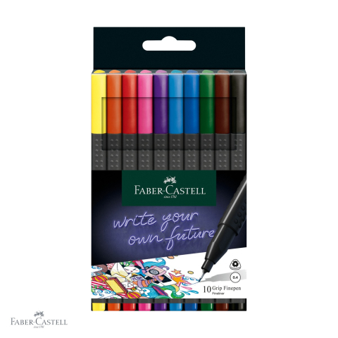 Linere - Set 10 linere Faber-Castell Grip 0.4 mm, forma ergonomica triunghiulara, cerneala lavabila, pentru desen tehnic si scriere de precizie