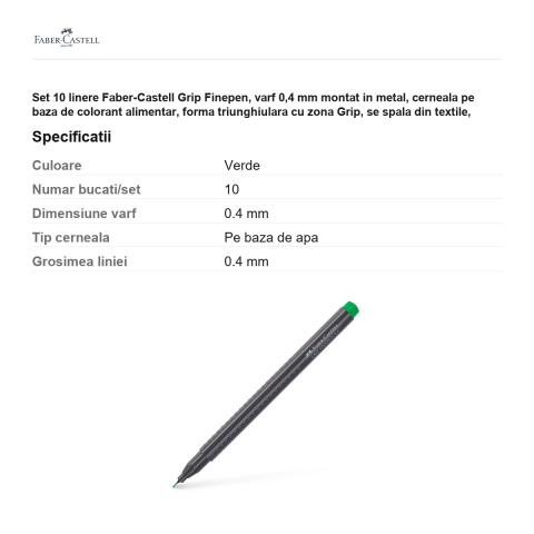 Set 10 linere Faber-Castell Grip Finepen, varf 0,4 mm montat in metal, cerneala pe baza de colorant alimentar, forma triunghiulara cu zona Grip, se spala din textile, verde smarald, antiderapante [2]