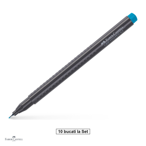 Instrumente de scris - Set 10 linere Faber-Castell Grip Finepen, varf 0,4 mm montat in metal, cerneala pe baza de colorant alimentar, forma triunghiulara cu zona Grip, se spala din textile, turcoaz cobalt, antiderapante